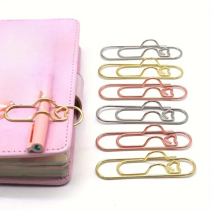 Clip multifuncional para bolígrafo con diseño de amor, 4 unidades, clip de papel portátil con botón para colgar, accesorios de papelería para cuadernos