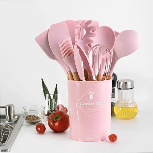 Utensilios de cocina de silicona con mango multifunción de madera, espátula antiadherente, cucharón, batidor de huevos, pala, rosa, nuevo