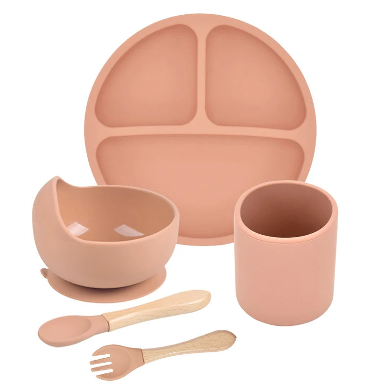 Juego de alimentación de silicona para bebé, cuenco de silicona, plato de comedor, cuchara, tenedor, platos para niños, vajilla de silicona sin BPA, 3/4/5 Uds.
