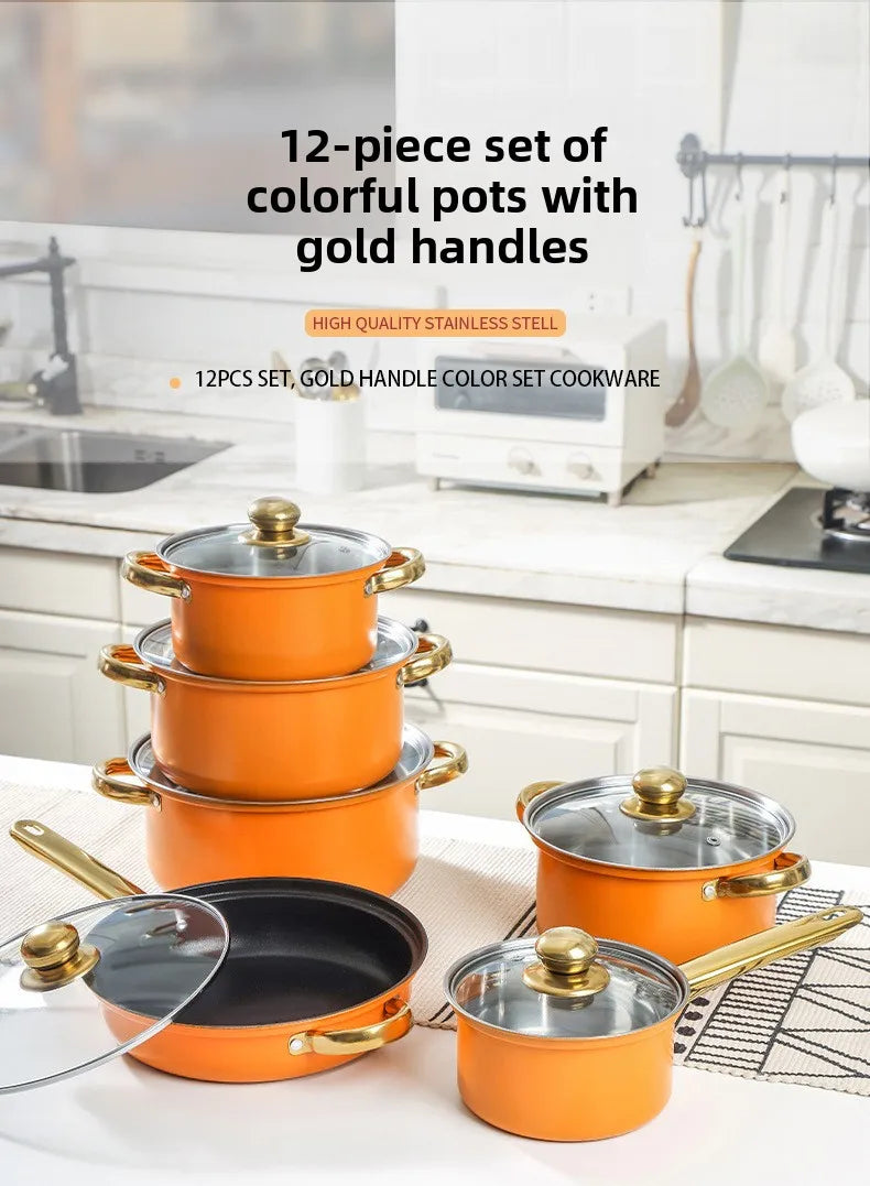 Juego de Ollas de Acero Inoxidable de 12 Piezas, Olla para Sopa, Sartén Antiadherente, Olla para Leche con Asa Dorada