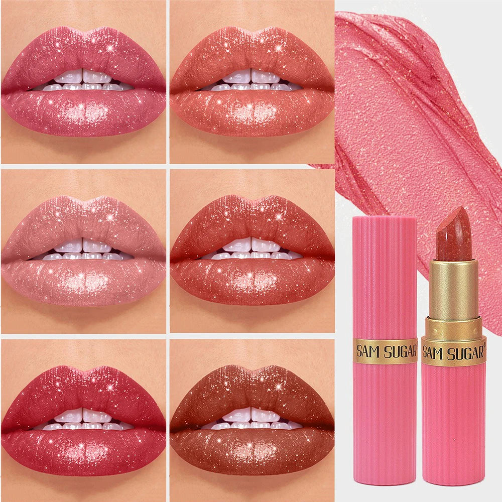 Lápiz Labial Rojo Chocolate Diamante, Lápiz Labial de Terciopelo con Brillo Perlado, Brillo Labial Metálico Brillante a Prueba de Agua, Maquillaje de Larga Duración