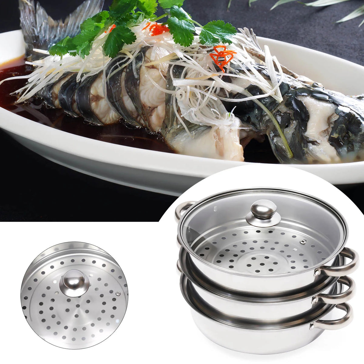 Vaporera de acero inoxidable de 3 niveles, olla para cocinar al vapor superpuesta de 28cm, utensilios de cocina, juego de cocina para sopa a vapor, plateado con tapa de vidrio