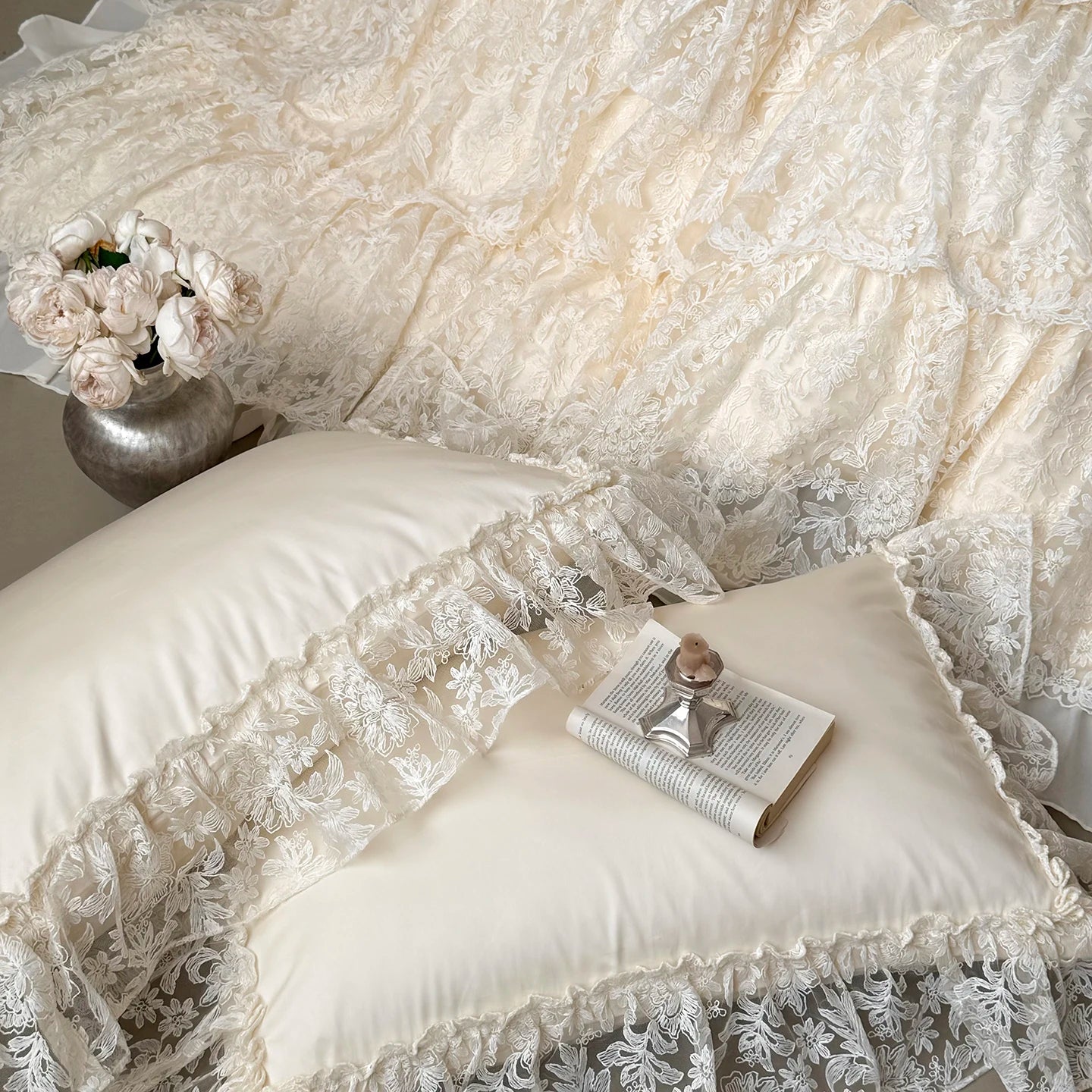 Juego de Ropa de Cama de Algodón Egipcio Beige, Juego de Funda Nórdica con Bordado de Encaje de Lujo, Sábanas y Fundas de Almohada, Textiles para el Hogar