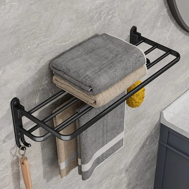 Soporte plegable negro mate de 50cm con gancho, soporte para toallas de pared, soporte para toallas de aluminio