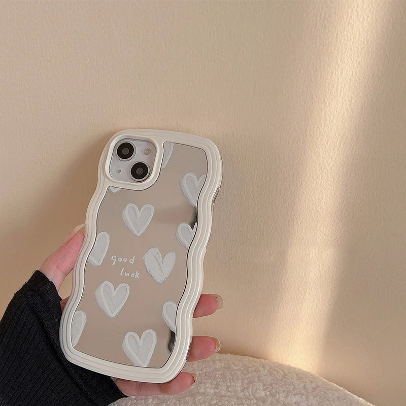 Funda de teléfono con espejo de maquillaje de corazón blanco encantador coreano para iPhone 17 Air 14 15 16 Pro Max 13 11 12 14 Plus XS X XR cubierta a prueba de golpes