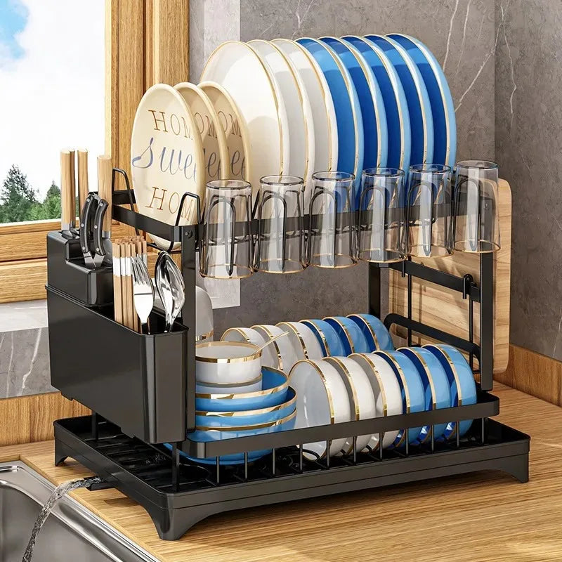 Escurridor de platos de doble capa y gran capacidad con placa guía de agua |   Estante de almacenamiento para tazones, tazas y vajilla de cocina