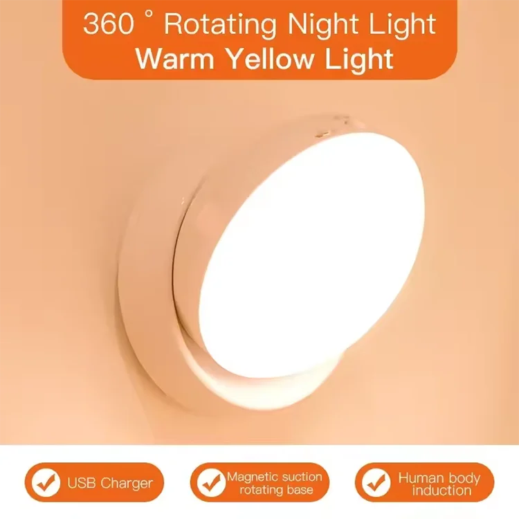 Luz nocturna con Sensor de movimiento, iluminación LED inalámbrica recargable, magnética giratoria 360 para habitación, mesita de noche, iluminación de gabinete