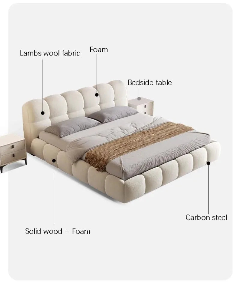 Base de Cama Moderna de Lujo con Diseño de Nube, Cama de Tela Bouclé Suave con Cabecera Acolchada, Cama Tapizada Tamaño Queen, Muebles de Dormitorio