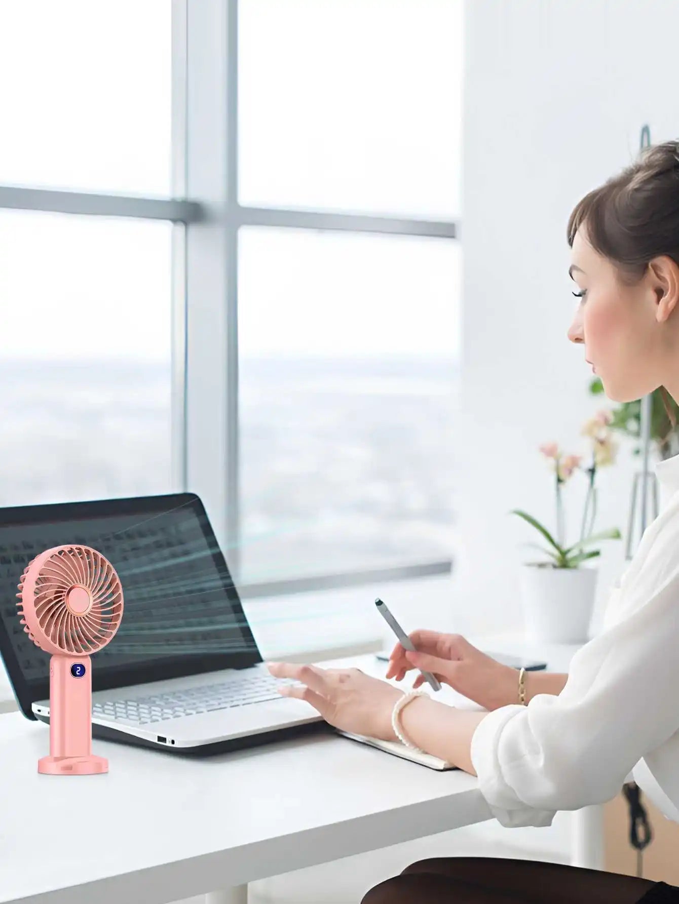 Ventilador portátil de mano, miniventilador recargable por USB, pantalla Digital, ajuste de 5 velocidades, adecuado para viajes, exteriores, oficina y hogar
