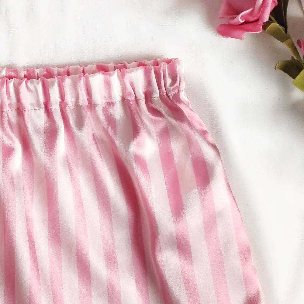 Conjunto de Pijamas de seda satinada para mujer, ropa de dormir Sexy, Pijamas sin mangas de verano, ropa de casa de seda sintética, ropa de dormir a rayas rosas, sujetador de lencería
