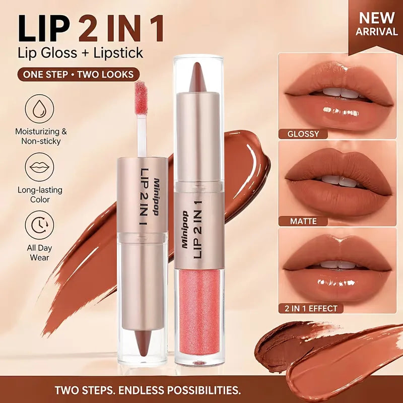 Brillo Labial 2 en 1 de Doble Punta, Delineador y Lápiz Labial, Impermeable, de Larga Duración, Voluminizador, Mate, Hidratante, Brillante, con Tinte Natural