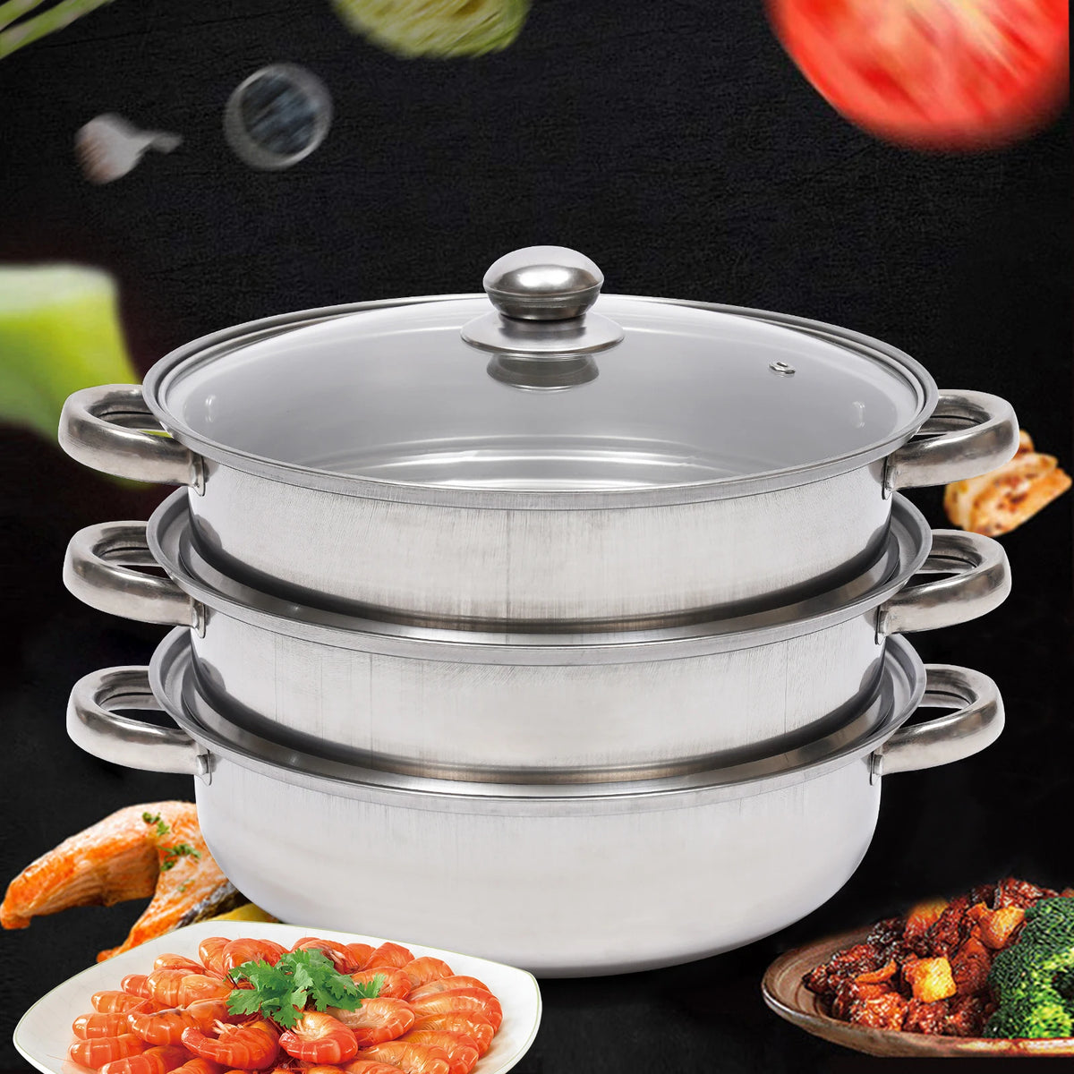 Olla de vapor de acero inoxidable grande para cocinar alimentos y verduras, multifunción, de 3 niveles, 28CM