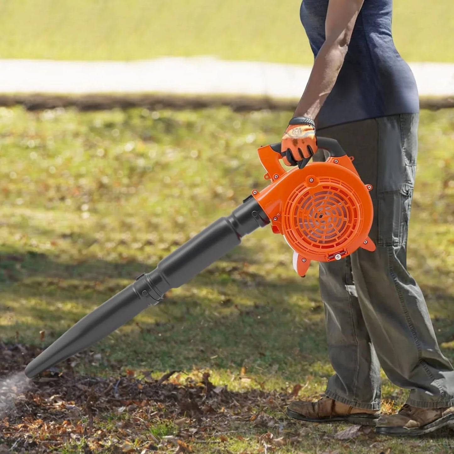 Soplador de hojas, soplador de hojas a gas de 25,4 CC y 2 ciclos, soplador inalámbrico de mano para el cuidado del césped con 2 tubos de viento, naranja