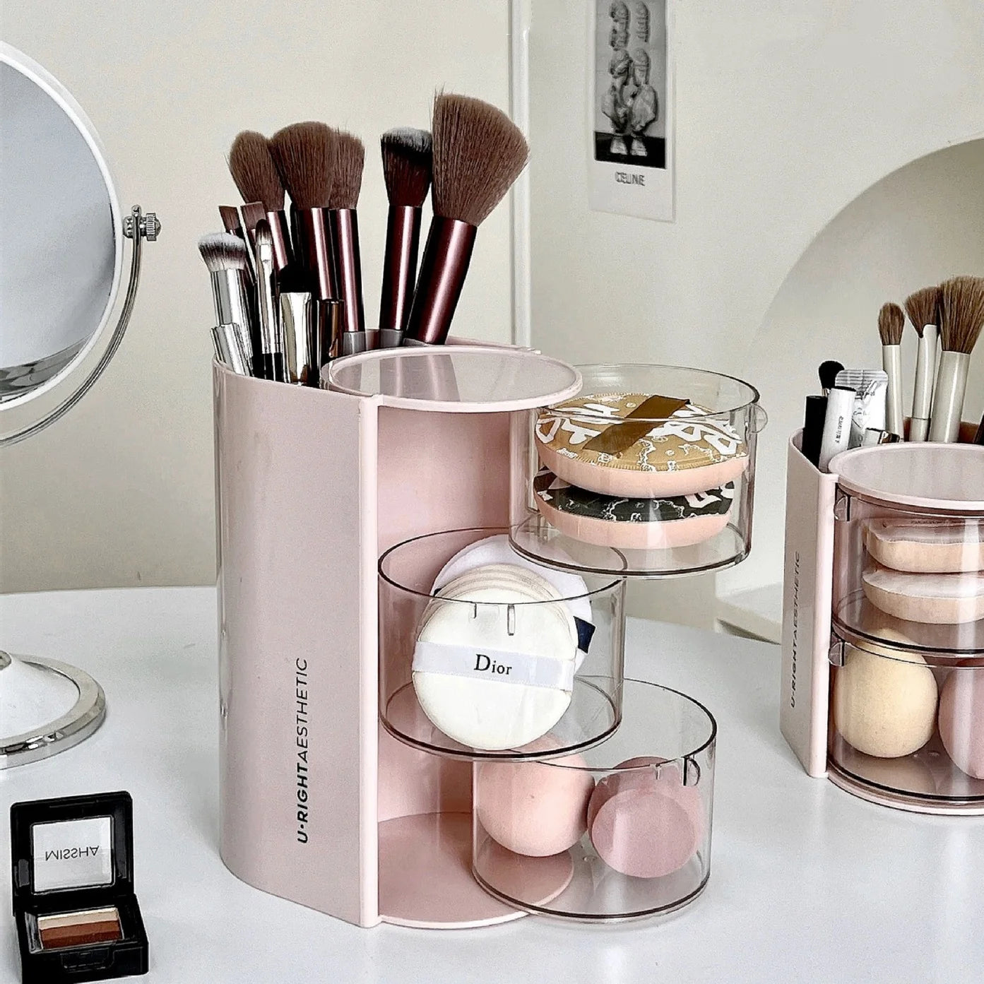 Caja de Almacenamiento de Accesorios para el Cabello de Varias Capas, Organizador de Joyas Transparente Giratorio, Estuche de Escritorio para Brochas de Maquillaje y Esponjas