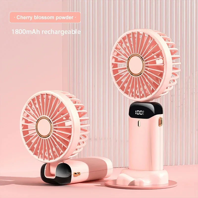 Mini ventilador portátil de mano, ventiladores plegables para colgar en el cuello, ventilador recargable por USB de 5 velocidades con soporte para teléfono y pantalla de visualización de 1800mAh