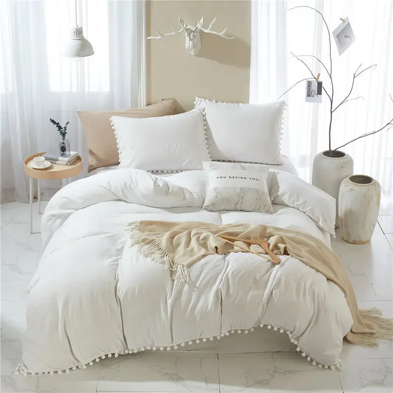 Funda de edredón suave y lavada, Juego de 3 piezas, funda de almohada, juego de ropa de cama para Twin, Full, Queen, King Size, decoración de pompones