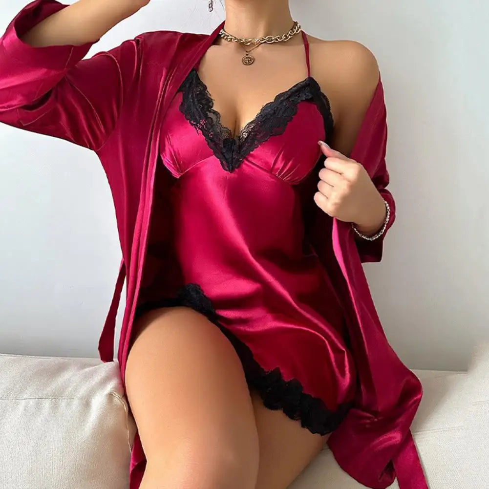 Conjuntos de pijama sedoso de satén para mujer, camisón de encaje con bata, Mini camisón, traje de 2 piezas, ropa de dormir
