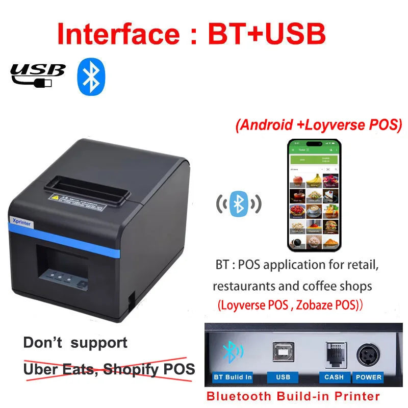 Impresora térmica de recibos Xprinter de 80mm con cortador automático velocidad de impresión de 200 mm/s con USB + Ethernet/Bluetooth/wifi XP-N160II 80T T80A