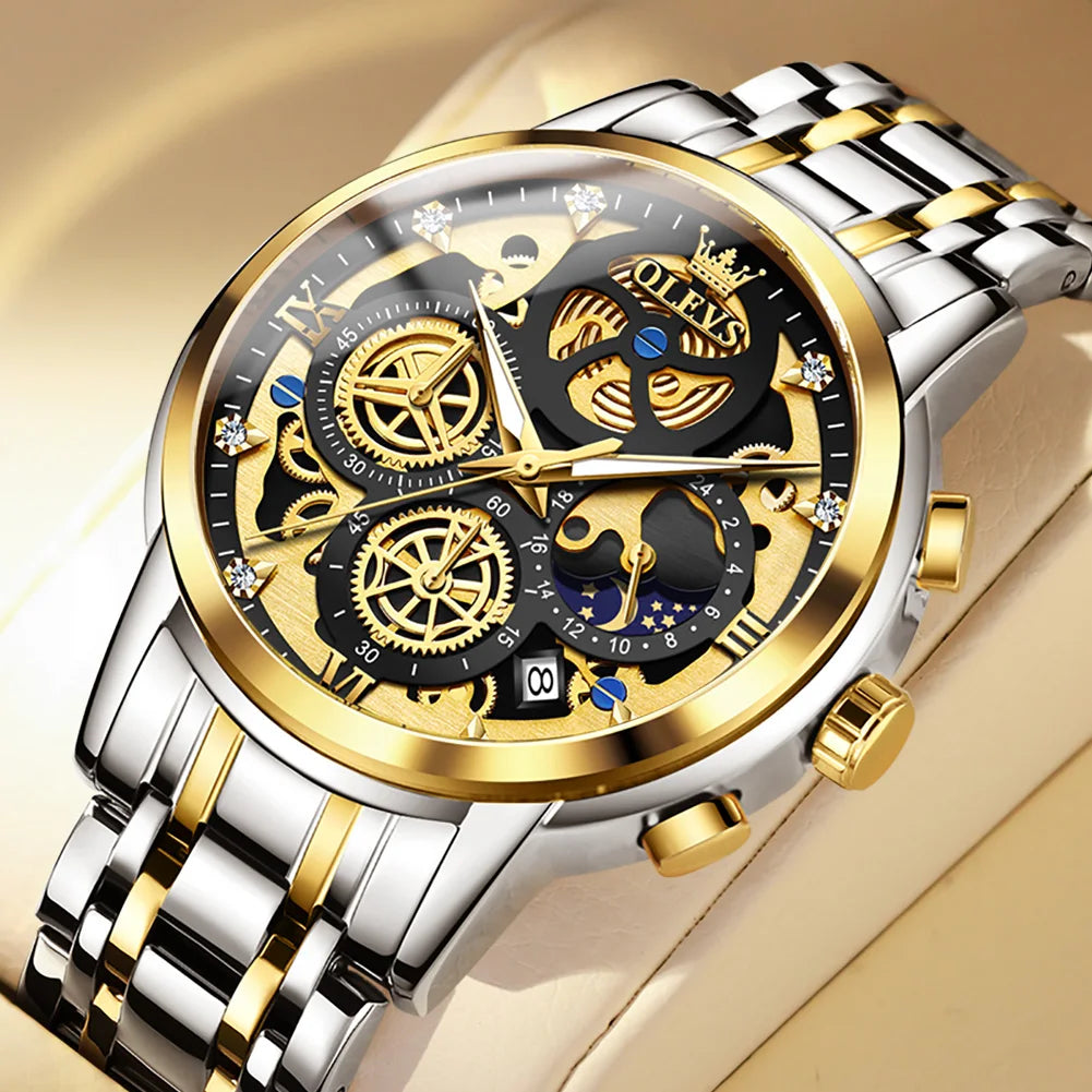 Relojes OLEVS para hombre, marca superior, reloj de cuarzo Original resistente al agua de lujo para hombre, estilo esqueleto dorado, 24 horas de día y noche, nuevo