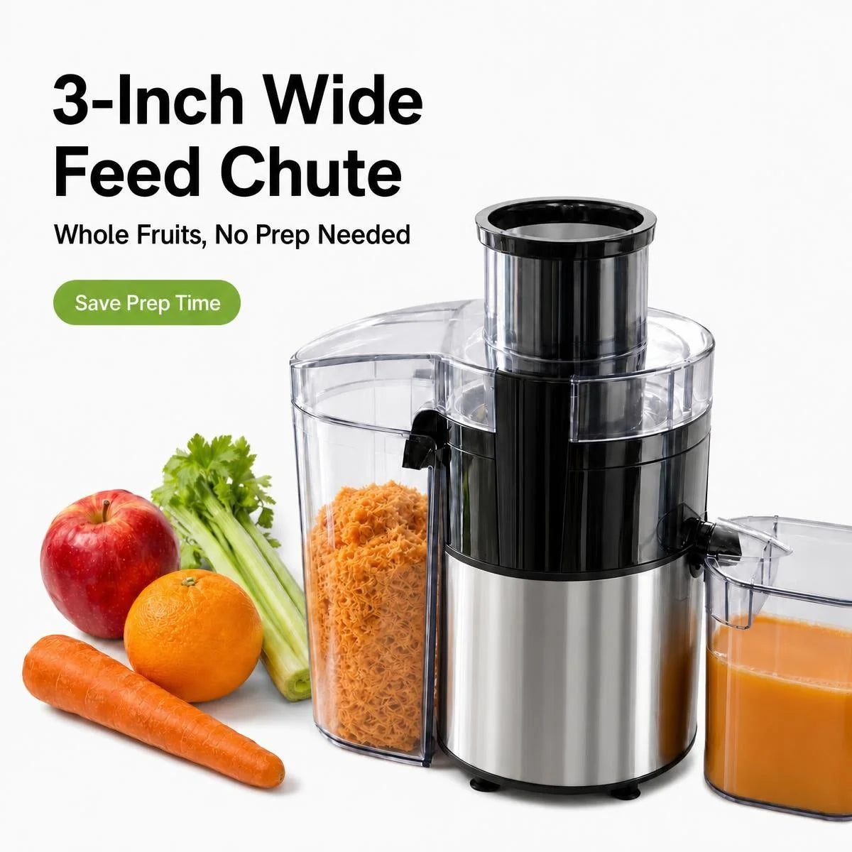 Exprimidor centrífugo, con conducto de alimentación de 3 pulgadas de ancho y 97% de alto rendimiento. CONDUCTO DE ALIMENTACIÓN GRANDE DE 3 PULGADAS: Admite alimentación directa de frutas y verduras enteras sin cortar