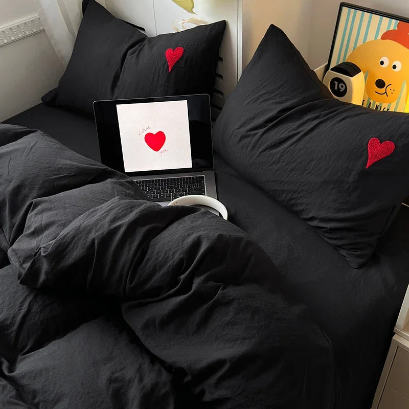 Juego de cama de algodón lavado, funda nórdica negra súper suave y fresca, toalla en forma de corazón, ropa de cama, fundas de edredón respetuosas con la piel, sábanas