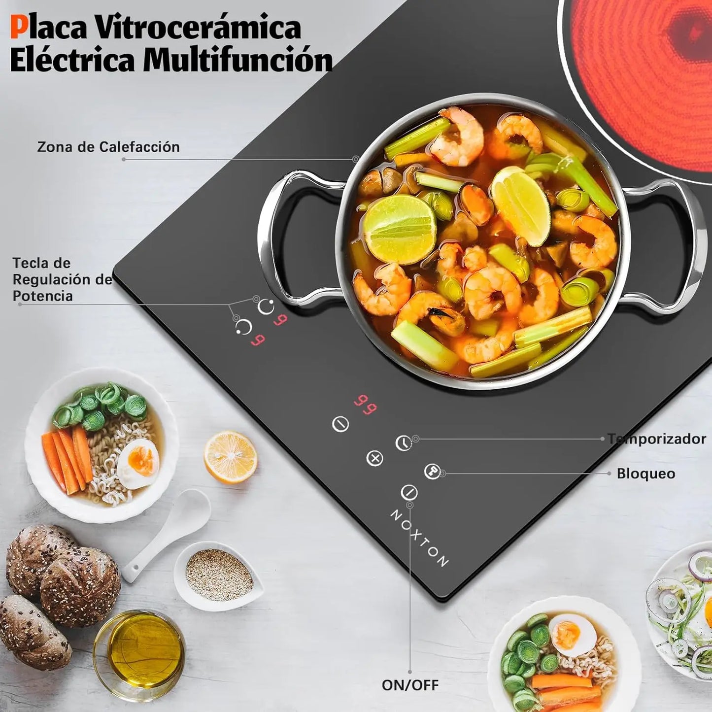 NOXTON Placa vitroceramica 2 Fuegos, 3000W, vitrocerámica 60 cm, Ajuste de 9 velocidades, Bloqueo de seguridad, Indicador de calentamiento, Mandos táctiles