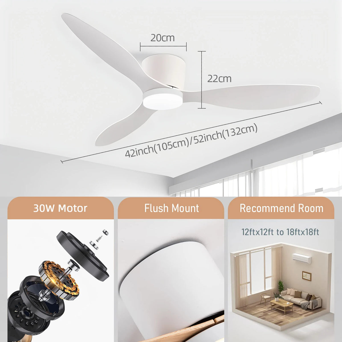 IRALAN Ventilador de techo con luz, opción de 6 velocidades, motor CC reversible de 3CCT con control remoto, susurro, fácil instalación, negro/blanco/madera