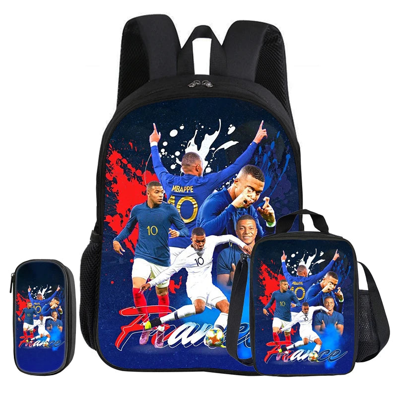 M-Mbappe-Juego de 3 piezas de mochila escolar con diseño de estrella de fútbol para niños, bolsa para lápices, mochila con bolsa para el almuerzo, mochila deportiva, regalo para niños