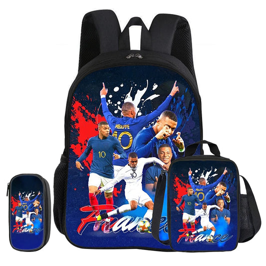 M-Mbappe-Juego de 3 piezas de mochila escolar con diseño de estrella de fútbol para niños, bolsa para lápices, mochila con bolsa para el almuerzo, mochila deportiva, regalo para niños