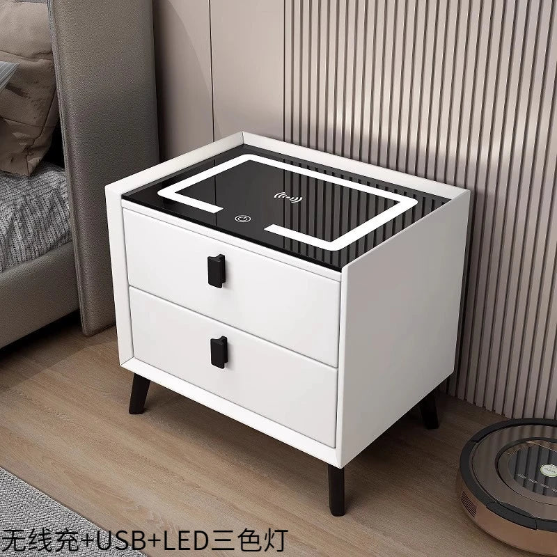 Mesita de noche de madera inteligente con altavoz cargador inalámbrico, mesita de noche minimalista moderna de dos cajones, muebles multifuncionales para el hogar