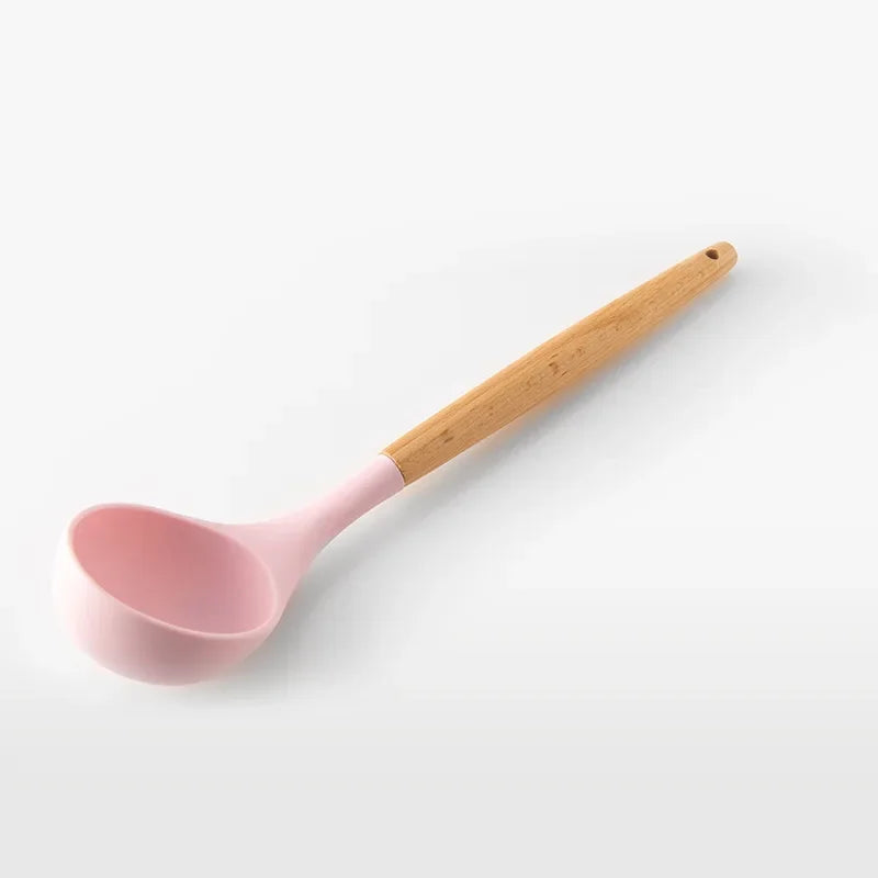 Utensilios de cocina de silicona con mango multifunción de madera, espátula antiadherente, cucharón, batidor de huevos, pala, rosa, nuevo