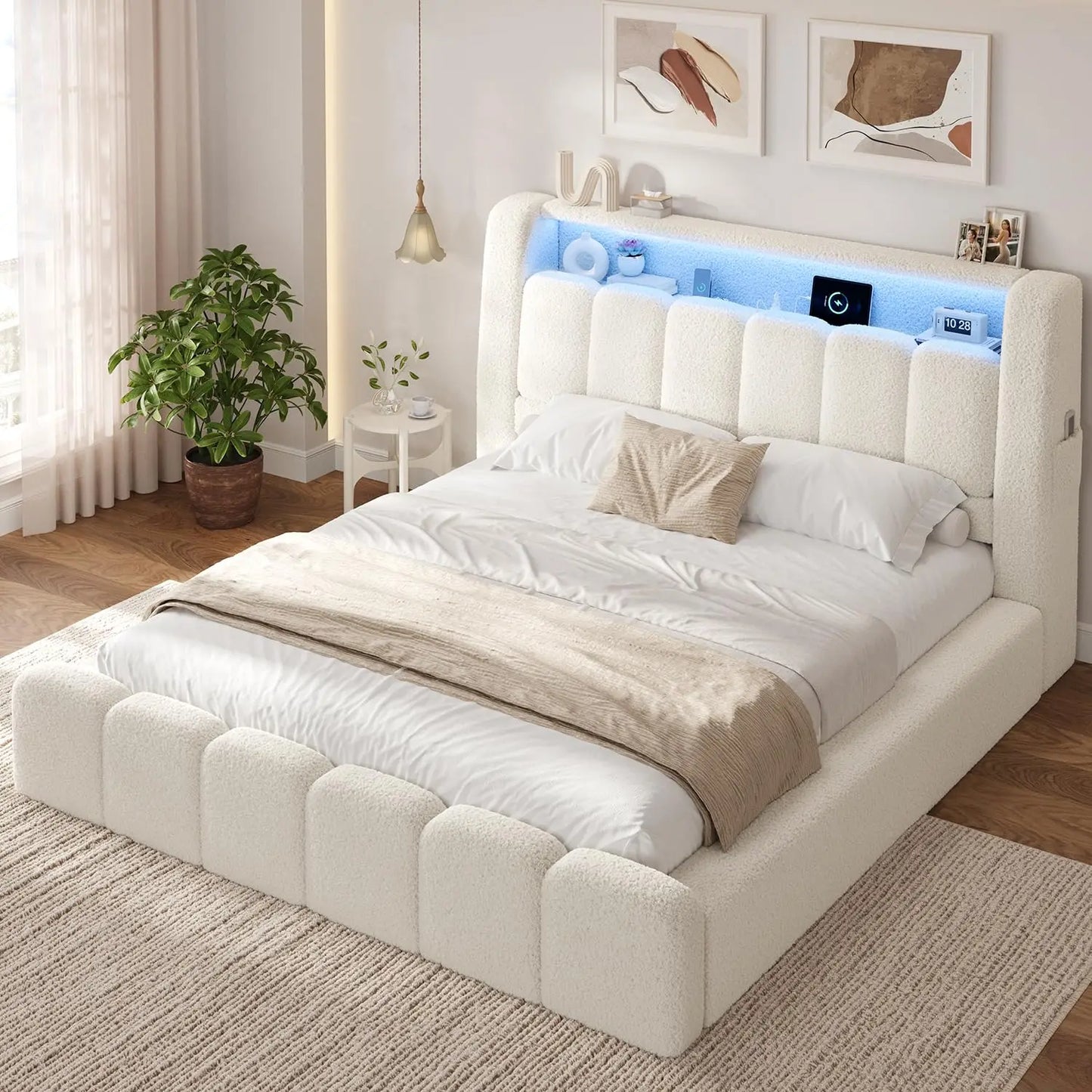 Base de Cama Nube Tamaño Completo, Acolchada con Espuma Engrosada, Color Blanco Crema |   Cabecera con Almacenamiento, Luces LED, Estación de Carga, Personalizable