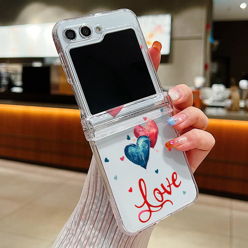 Funda de teléfono transparente con diseño de flor de amor para Samsung Galaxy Z Flip7 FE Flip 7 6 5 4 3 5G Flip5 Flip6, funda dura para PC a prueba de golpes