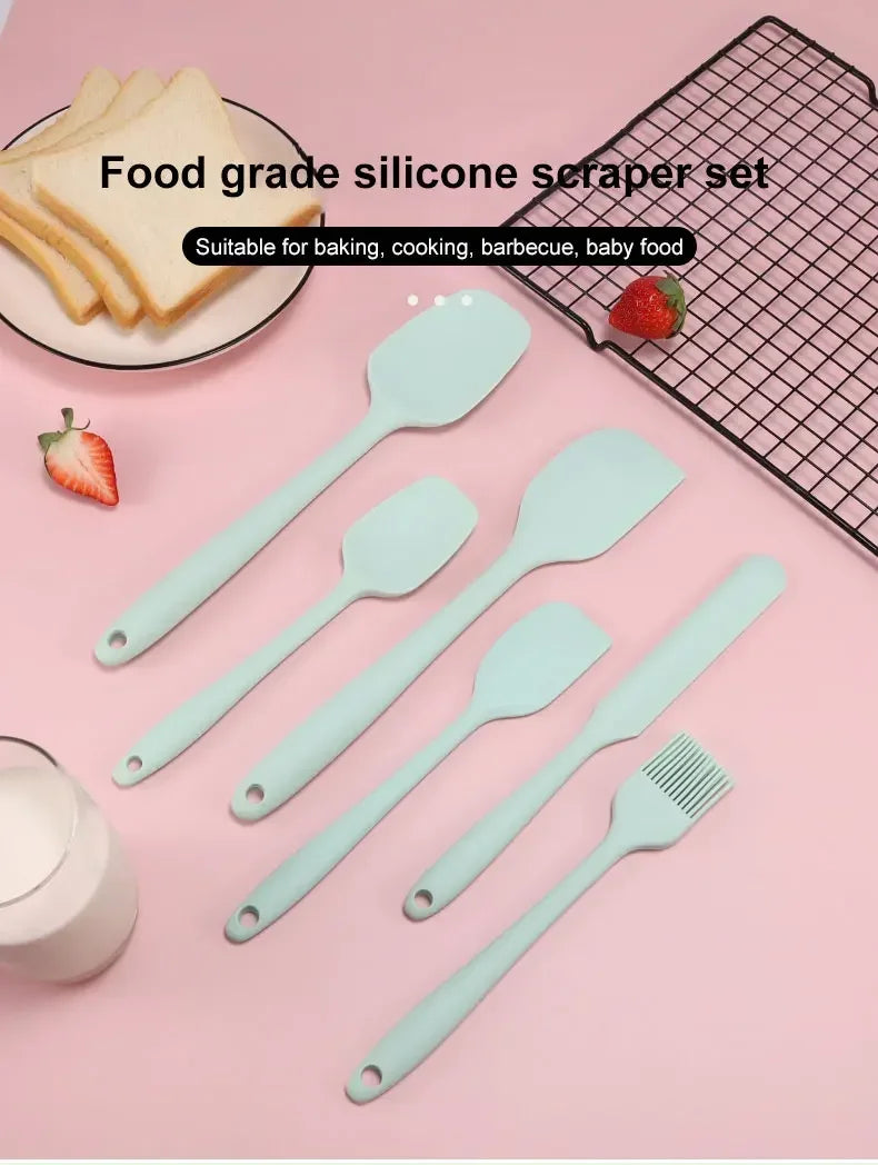 Juego de utensilios de cocina de silicona de 6 piezas, espátula integrada color crema, cepillo para aceite, juego de espátulas de diferentes tamaños