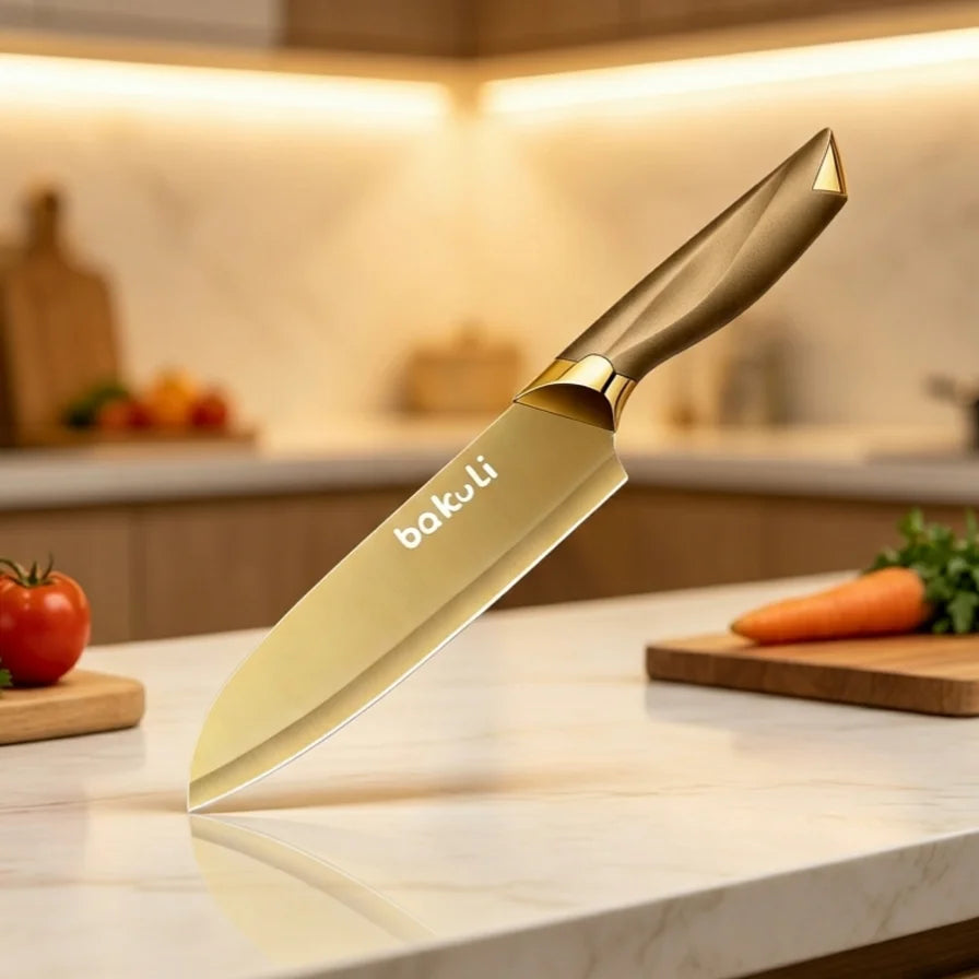 Juego de Cuchillos de Cocina Dorados de 4 Piezas, Hojas con Revestimiento de Titanio Antiadherente, Mango Ergonómico, Cuchillo de Chef, Cuchillo Multiusos, Cuchillos para Frutas para el Hogar