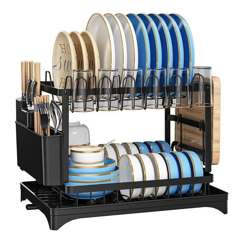 Escurridor de Platos de 2 Niveles para Cocina, Organizador Multifuncional de Almacenamiento para Encimera con Soportes para Utensilios, Tazas y Tablas de Cortar para el Hogar