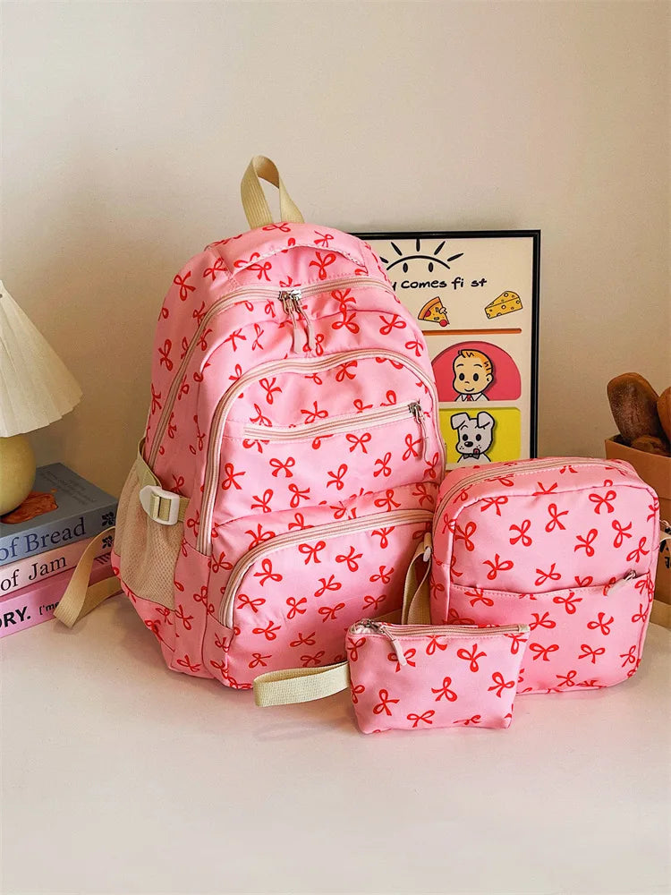 Juego de 3 Bolsas Escolares con Lazo, Mochila de Gran Capacidad, Mochila Casual de Viaje, Mochila Versátil, Bolsa Cruzada, Bolsas para Niñas