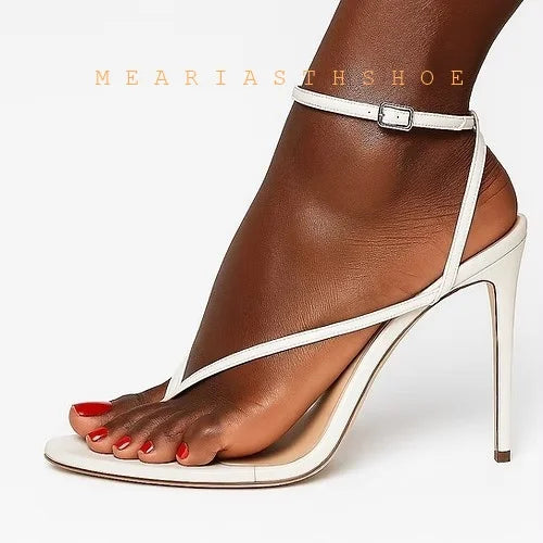 Sandalias de Tacón Alto con Punta Abierta y Correa en el Tobillo, de Cuero, con Hebilla, Diseño Sólido, Tacón Fino, para Mujer, con Lazos y Correa Trasera