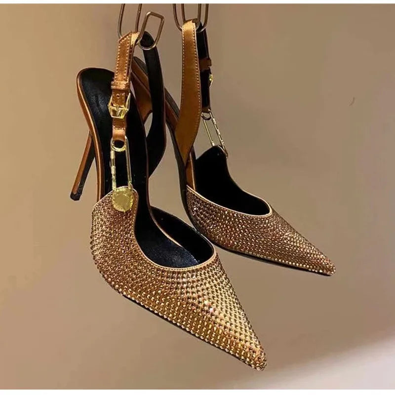 Zapatos de tacón de lujo con hebilla de lentejuelas y diamantes de imitación para mujer, zapatos de tacón alto de aguja con punta estrecha, zapatos de moda para primavera y verano
