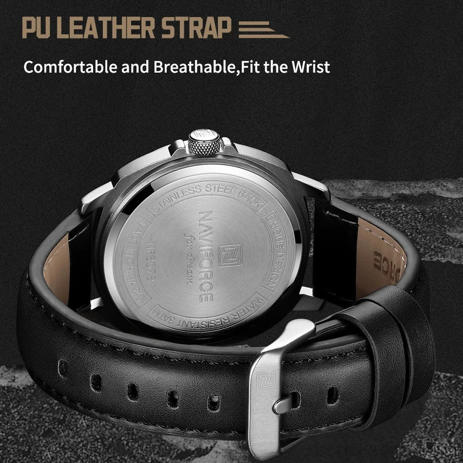 Marca NAVIFORCE, Reloj de cuarzo para Hombre, banda de PU de alta calidad, Reloj de pulsera con calendario para Hombre, indicador de fecha automático, relojes impermeables, Reloj para Hombre