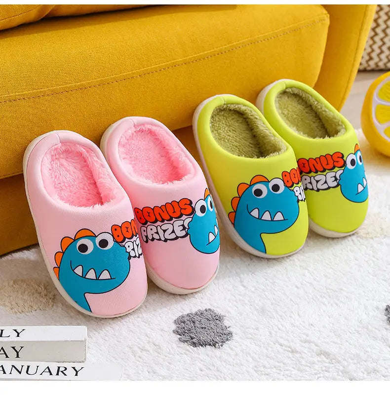 Zapatillas con patrón de dinosaurio de dibujos animados para niños y niñas, bonitos zapatos de felpa, zapatos cálidos adecuados para interiores de otoño e invierno