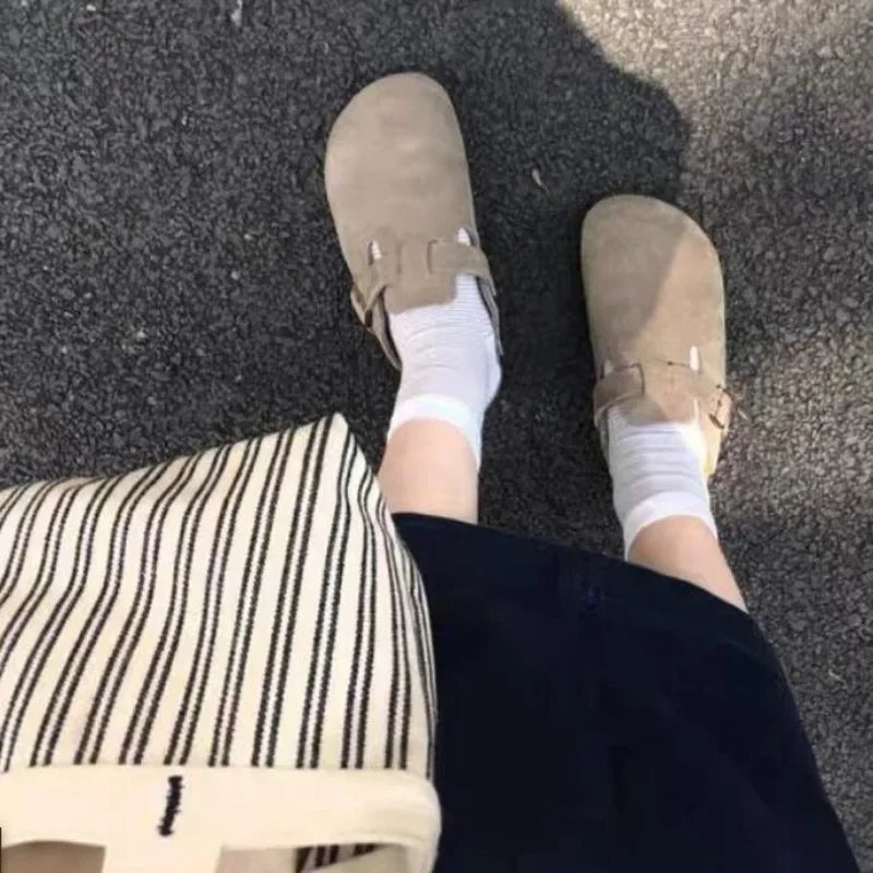 Zapatillas planas de gamuza sintética marrón estilo Birken Retro de verano, zapatillas de plataforma con punta redonda a la moda, chanclas de corcho de suela blanda para mujer al aire libre