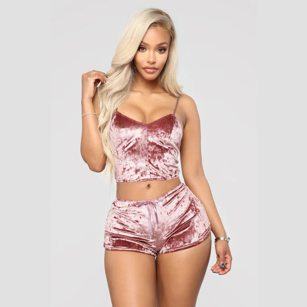 Conjunto de Pijamas para mujer, Pijamas sexis de terciopelo satinado de seda rosa y roja, ropa para dormir, bata, conjuntos de lencería Sexy, ropa de dormir
