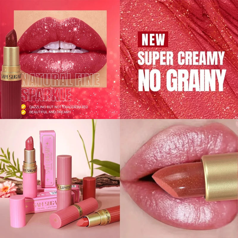 Lápiz Labial Rosa Perlado con Brillo, Metálico, Impermeable, de Larga Duración, Mate, Color Nude, con Destellos de Diamante, Maquillaje Sexy para Mujer