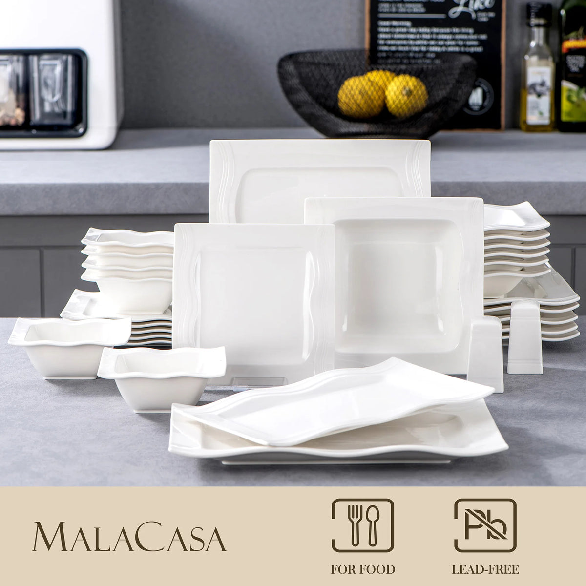 MALACASA Juego de vajilla cuadrada, platos y cuencos de porcelana blanca de 28 piezas, juego de cena para sal, pimienta, ensalada, Pasta