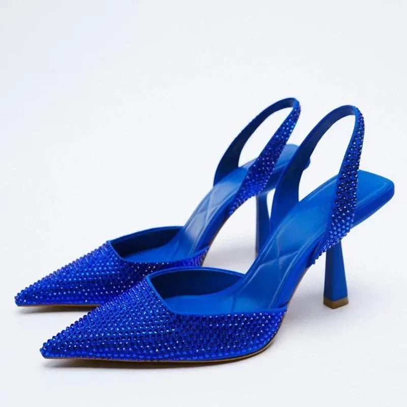 Zapatos de tacón alto 2025, novedad de verano, sandalias de marca para mujer, zapatos de tacón alto con hebilla de cristal a la moda, zapatos dorados elegantes para fiesta para mujer