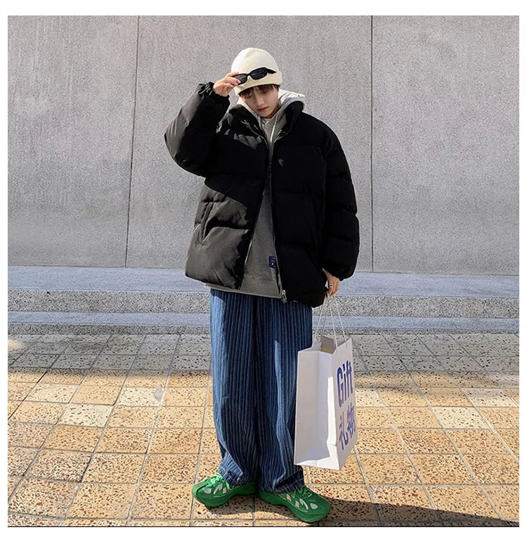 Ropa de calle Harajuku abrigo de invierno cálido para hombre Parka informal de Color sólido con cuello levantado chaqueta de invierno de gran tamaño para mujer