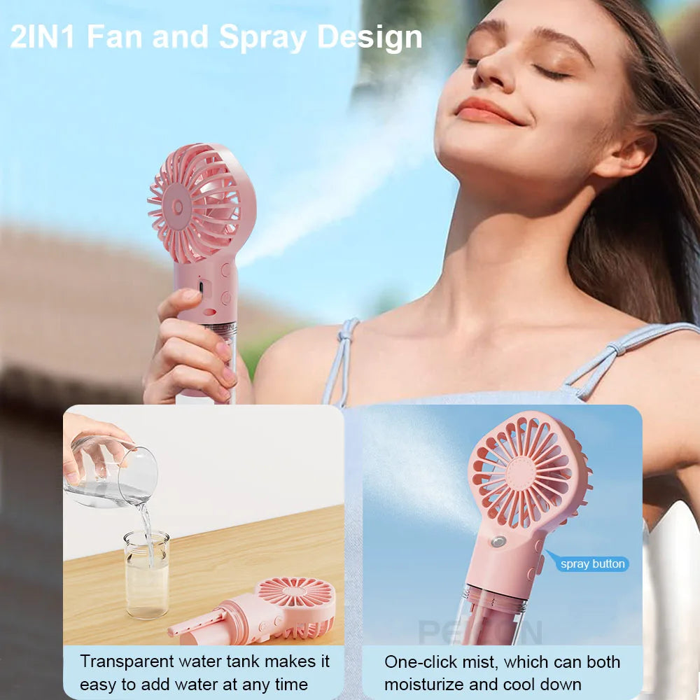 Ventilador de Mano Portátil con Rociador de Agua, Mini Ventilador USB Recargable, Humidificador, 4 Velocidades, Viento Potente, Ventilador Personal para Exteriores