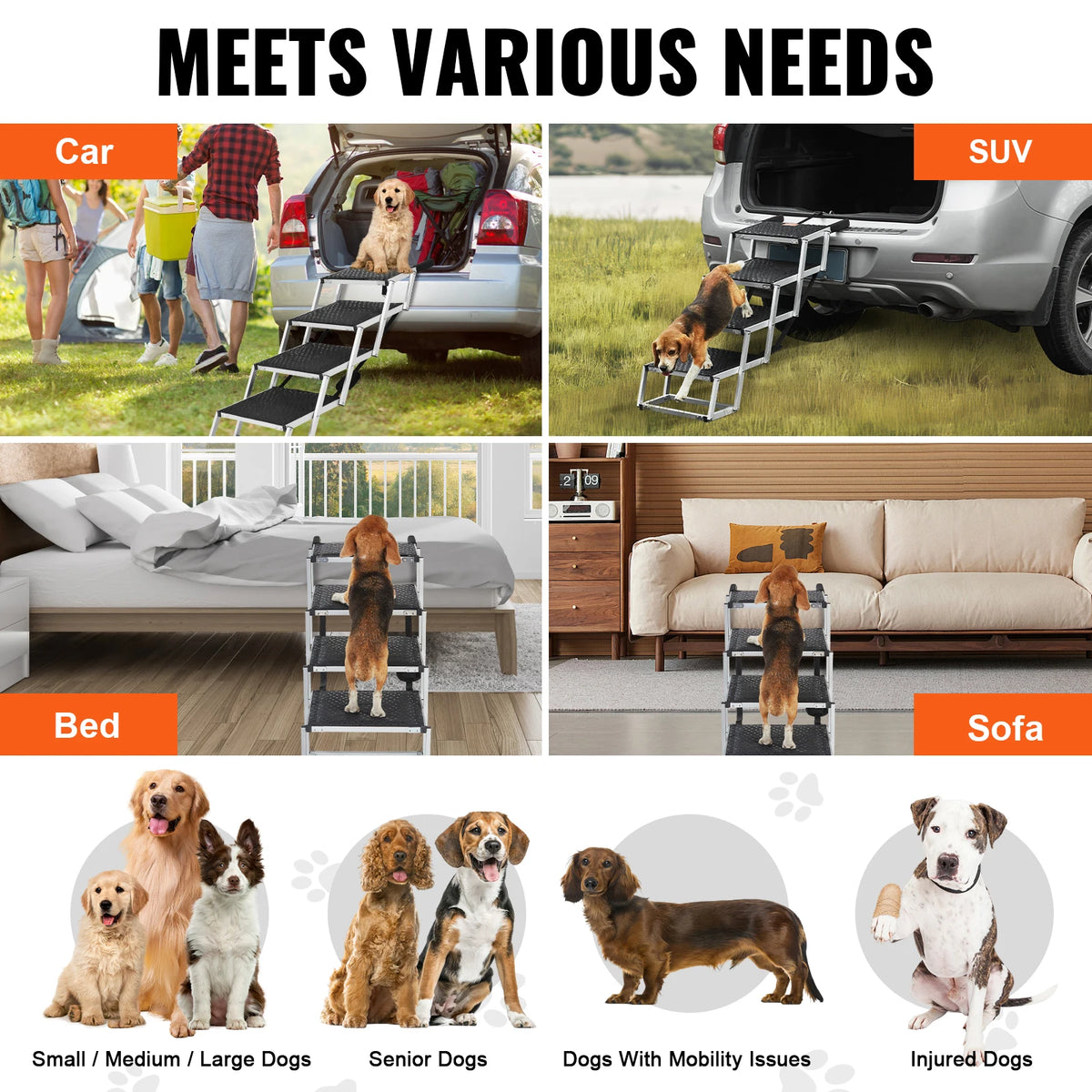 SucceBuy Escalera para perros para automóviles Pasos anchos para perros Pasos portátiles plegables para mascotas Aluminio liviano para automóviles SUV y camiones 150 lbs