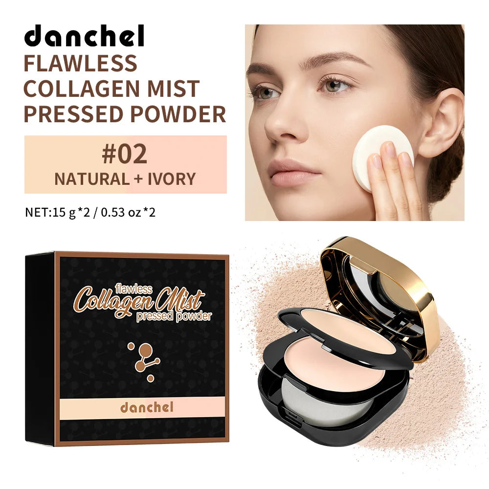 Polvo Compacto de Colágeno de Doble Capa, Control de Grasa, Acabado Mate, Maquillaje Facial de Larga Duración, Contorno e Iluminador para Mujeres, Belleza Diaria